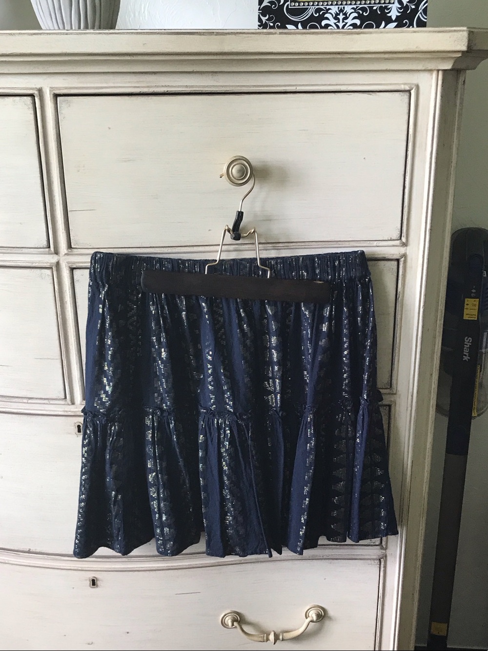 Elan Navy Metallic Tiered Mini Skirt with Shimmer